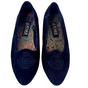 Leather Collection Womens Black Suede Leather Flats Embroidered Detail Size 7